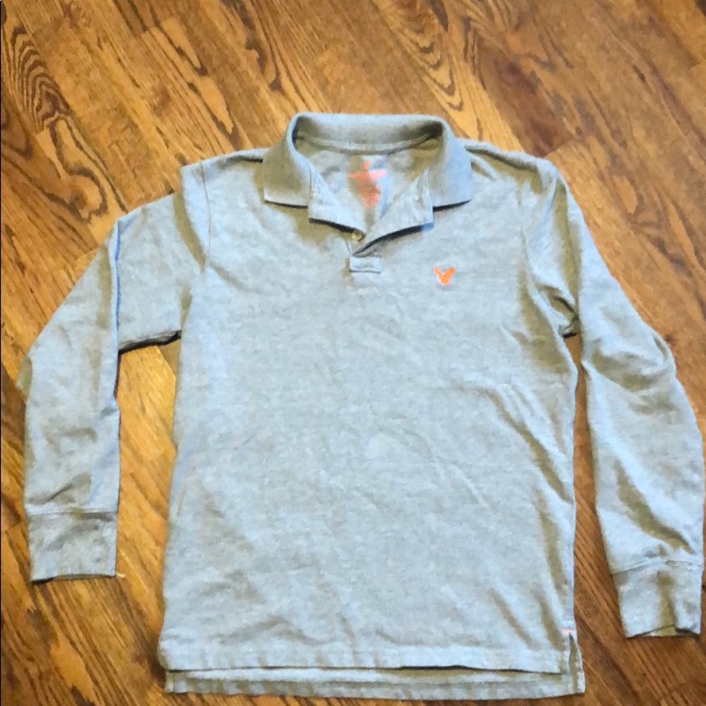 Mens Grey Longsleeve Polo Shirt American Eagle Med